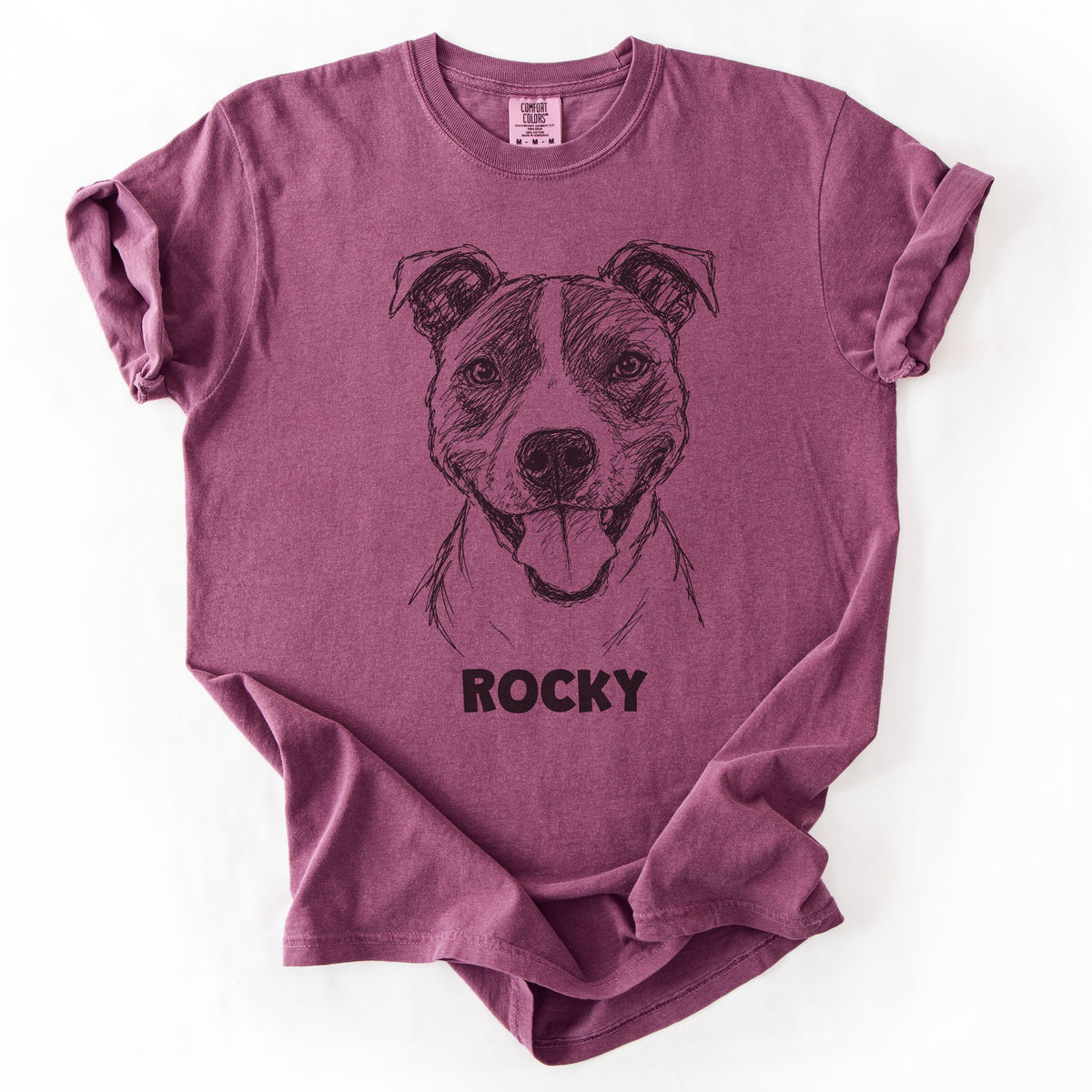 The Portrait Tee in Berry with a portrait of a pit bull and the name Rocky