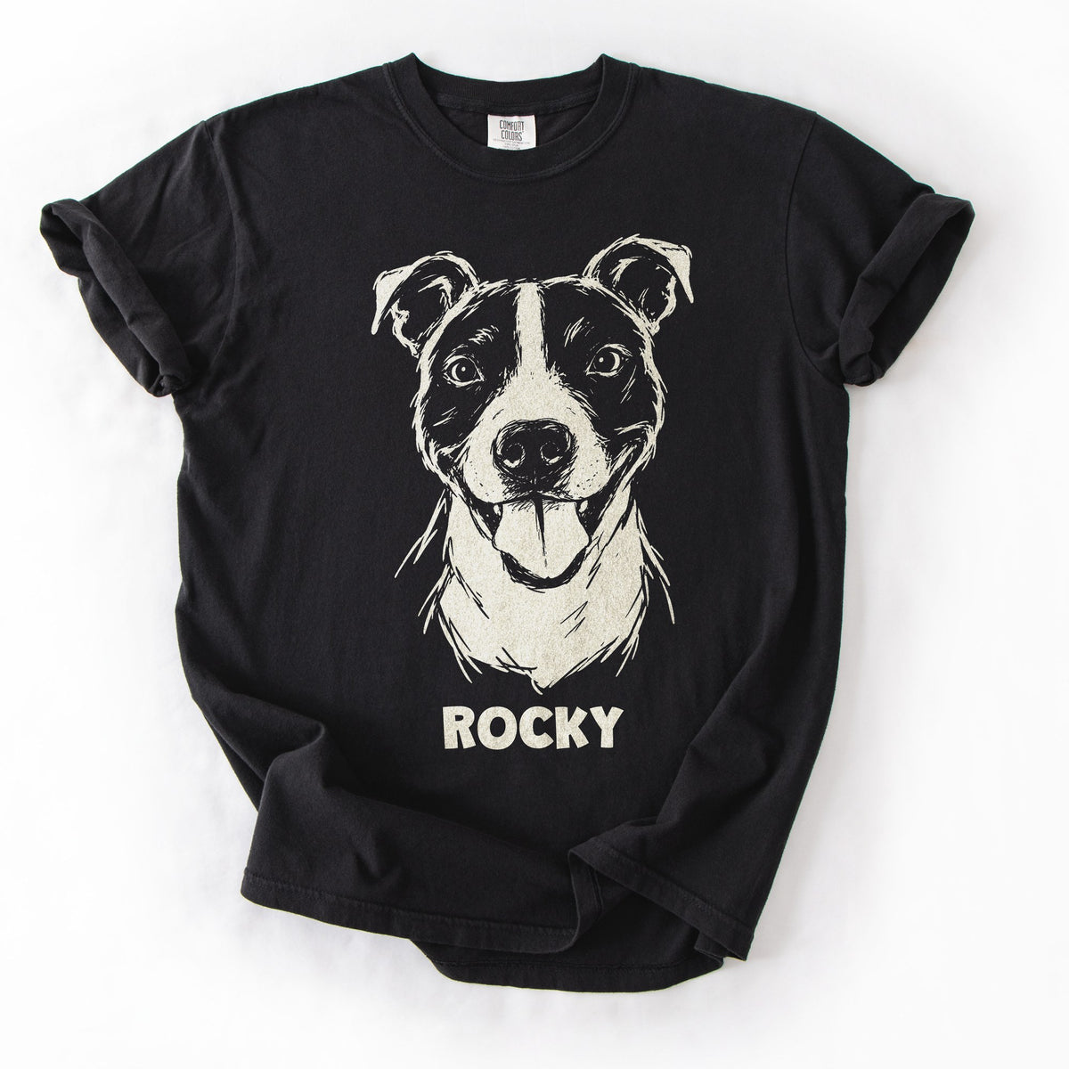 The Portrait Tee in Black with a portrait of a pit bull and the name Rocky