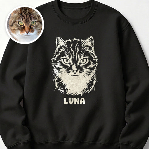 The Portrait Crewneck in Black with a portrait of a tabby cat and the name Luna