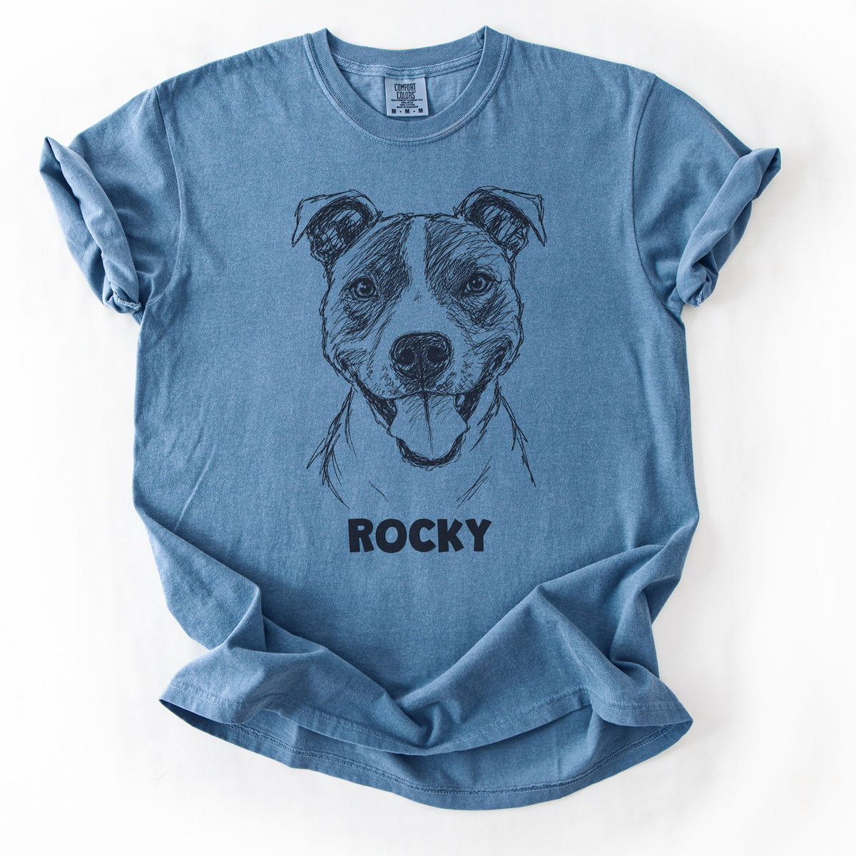The Portrait Tee in Blue Jean with a portrait of a pit bull and the name Rocky