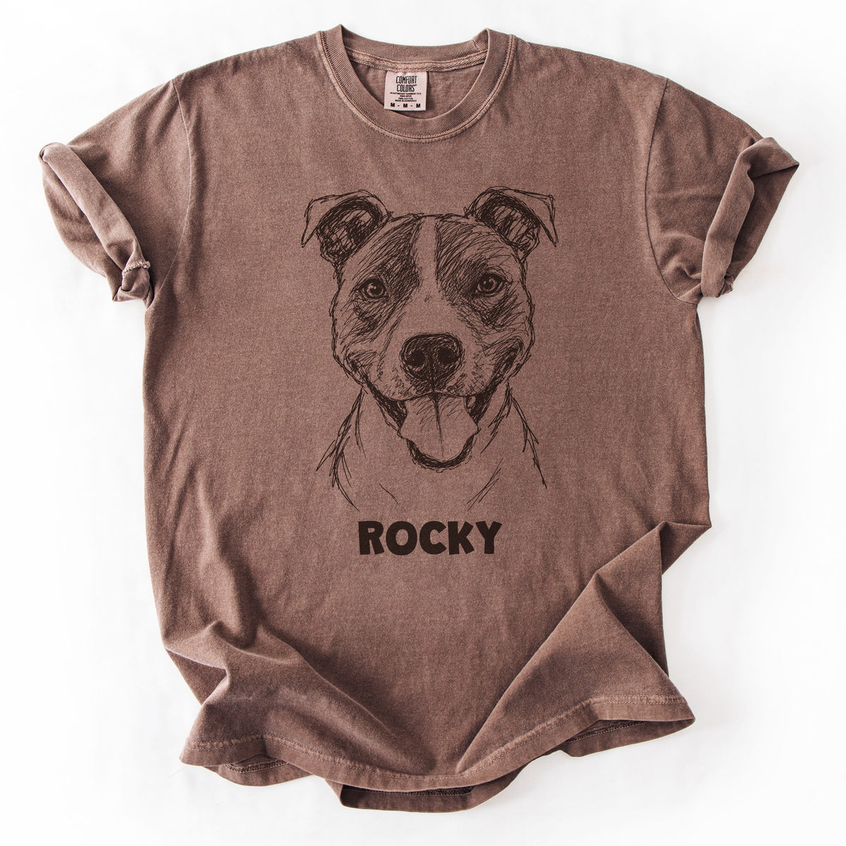 The Portrait Tee in Espresso with a portrait of a pit bull and the name Rocky