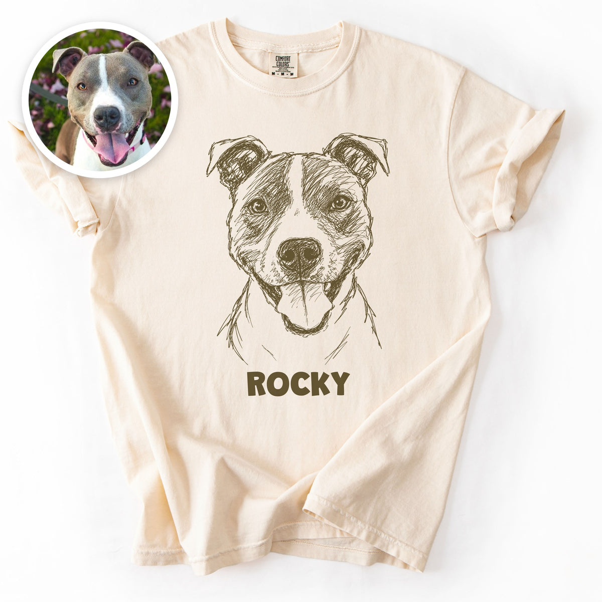 The Portrait Tee in Ivory with a portrait of a pit bull and the name Rocky