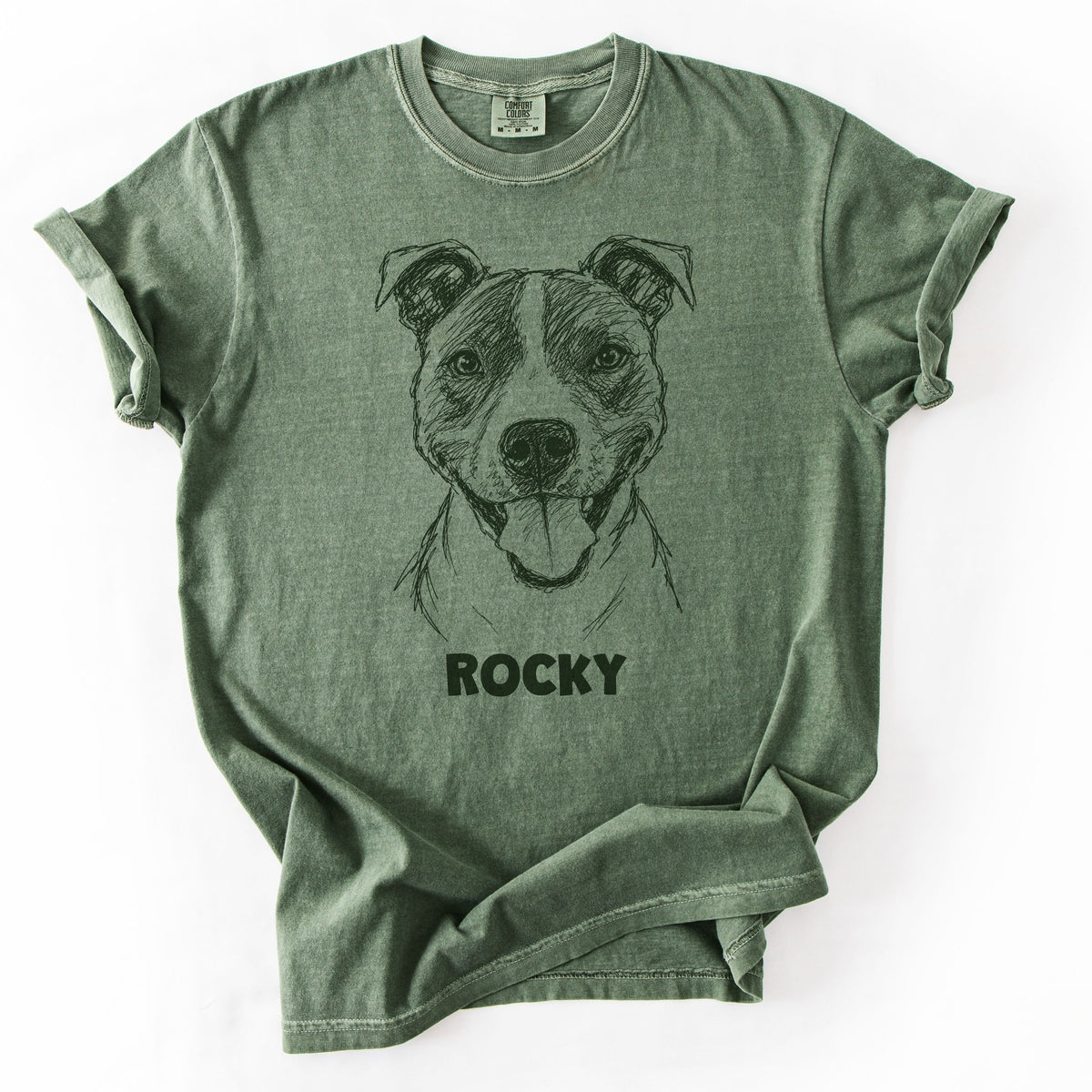The Portrait Tee in Moss with a portrait of a pit bull and the name Rocky