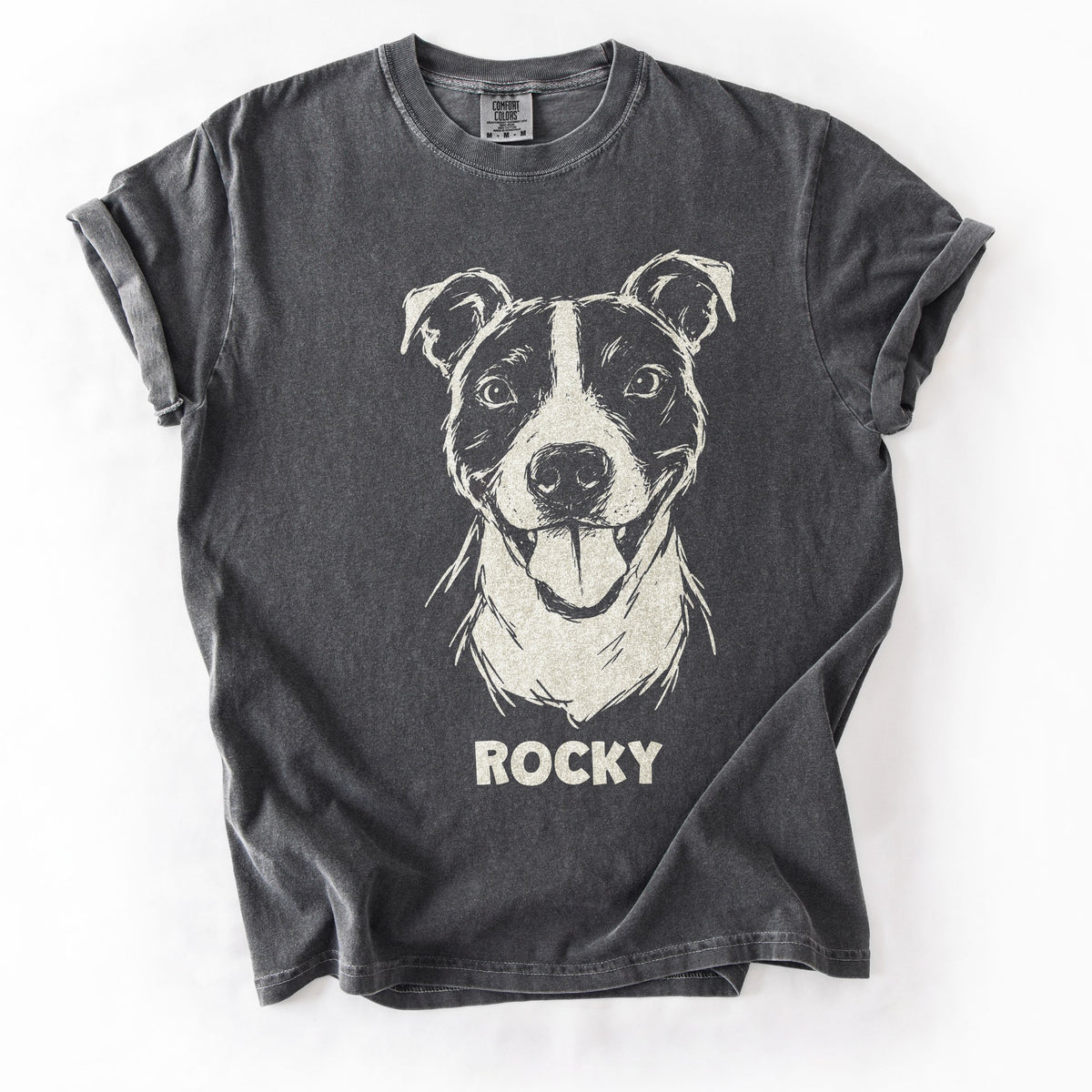 The Portrait Tee in Pepper with a portrait of a pit bull and the name Rocky