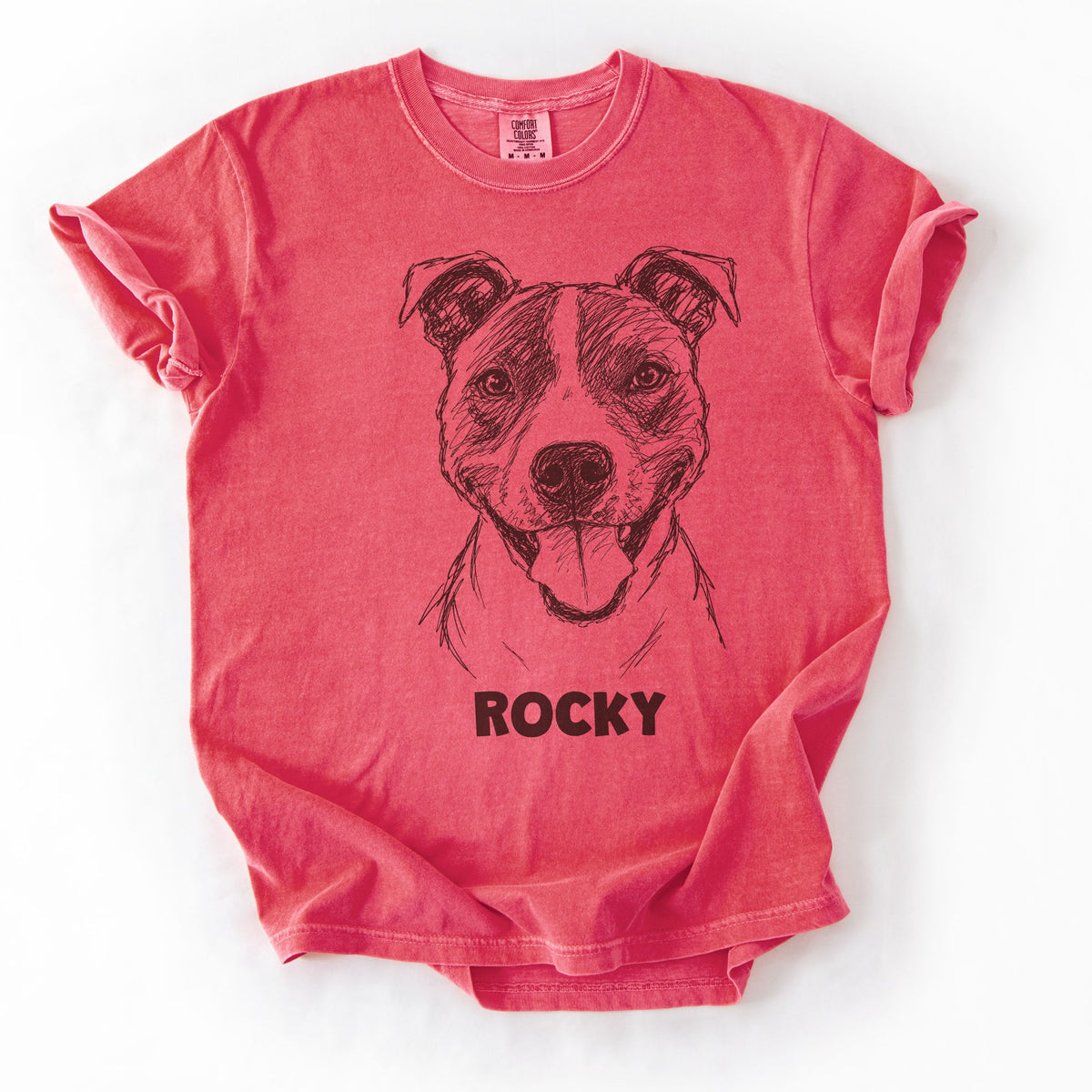 The Portrait Tee in Watermelon with a portrait of a pit bull and the name Rocky
