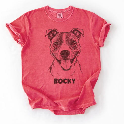 The Portrait Tee in Watermelon with a portrait of a pit bull and the name Rocky