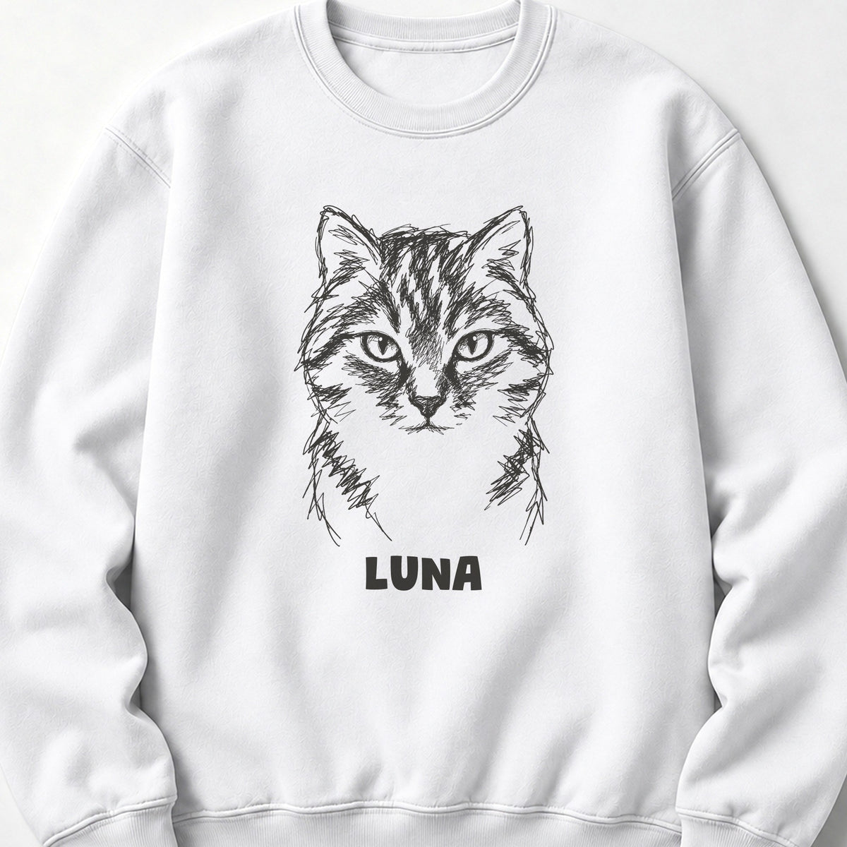 The Portrait Crewneck in White with a portrait of a tabby cat and the name Luna
