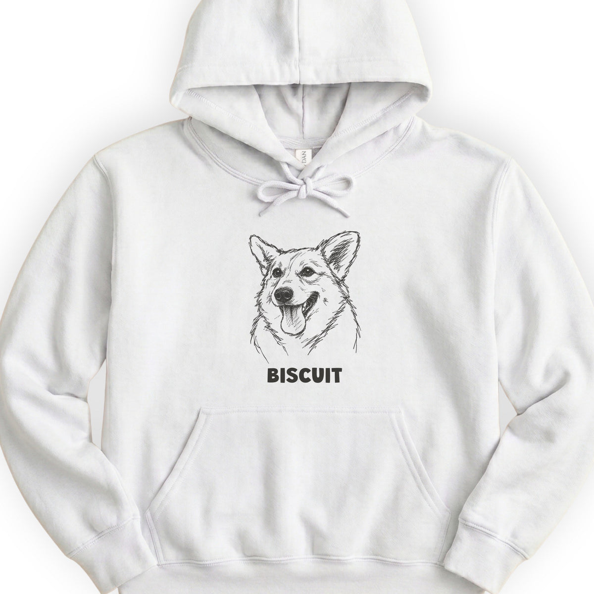 The Portrait Hoodie in White with a portrait of a corgi and the name Biscuit